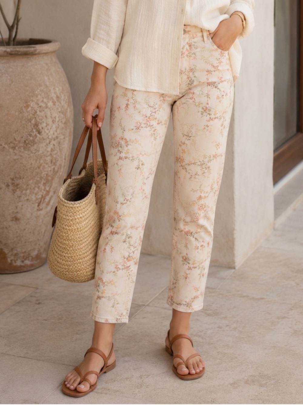 Rebecca Taylor Belle Bouquet Ines Ankle Jeans Frappe Combo Pants Floral pants